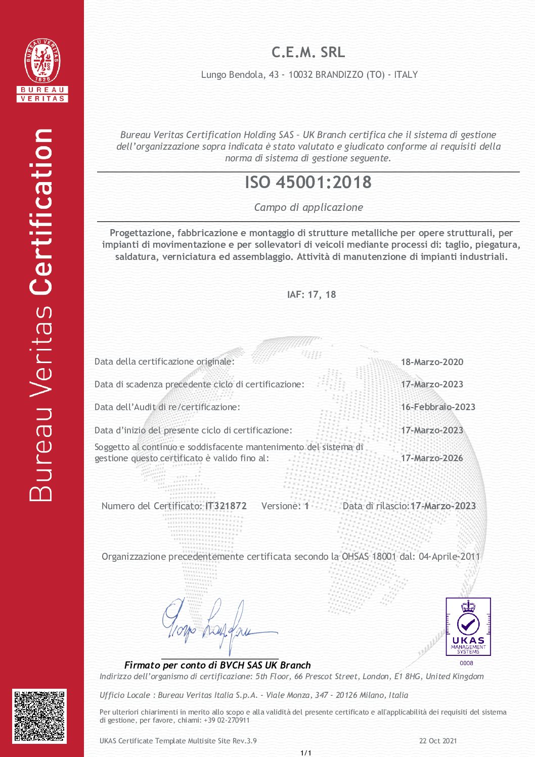Certificate IT321872 – C.E.M. SRL – ISO45001 REV1