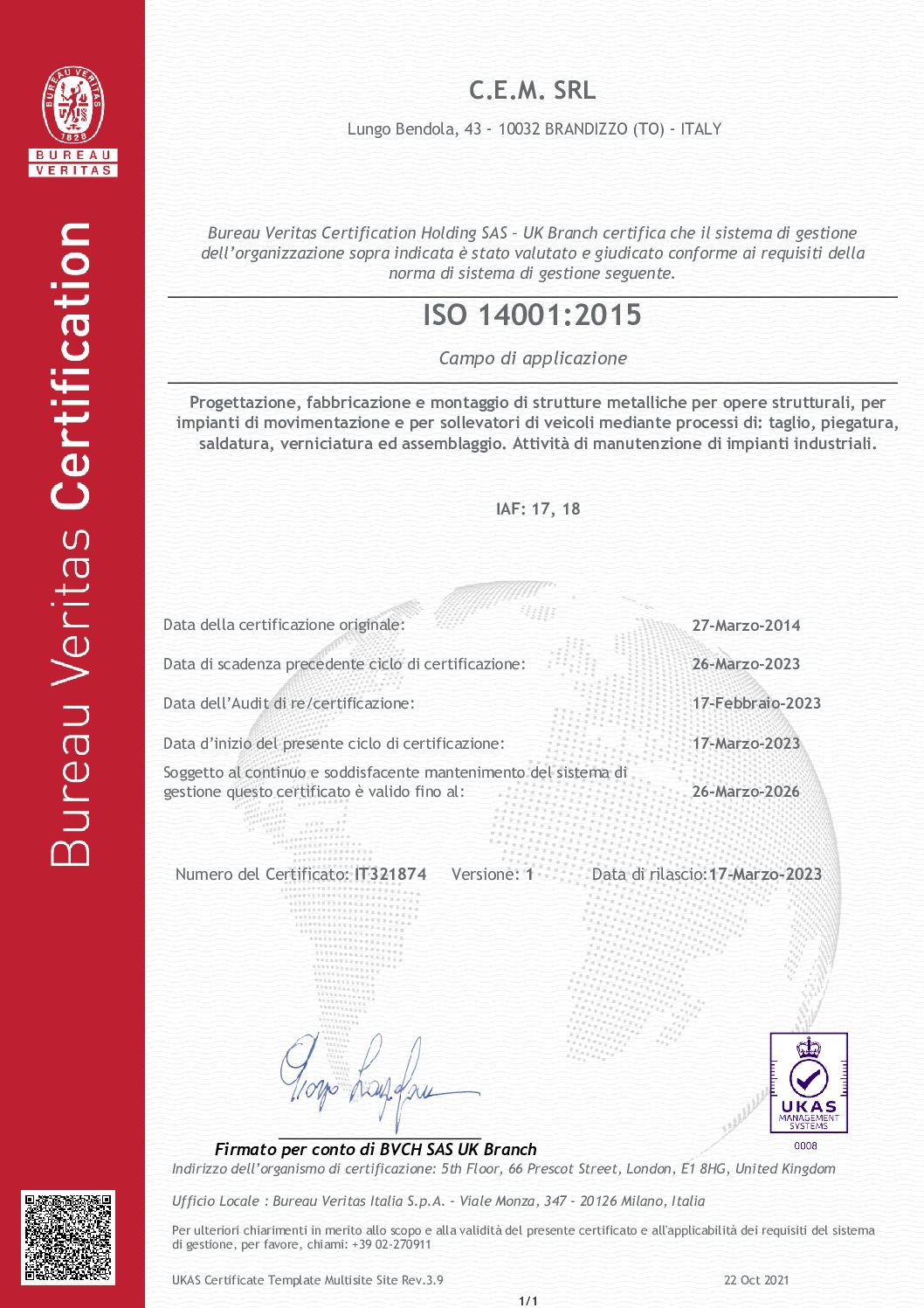 Certificate IT321874 – C.E.M. SRL – ISO14001 REV1