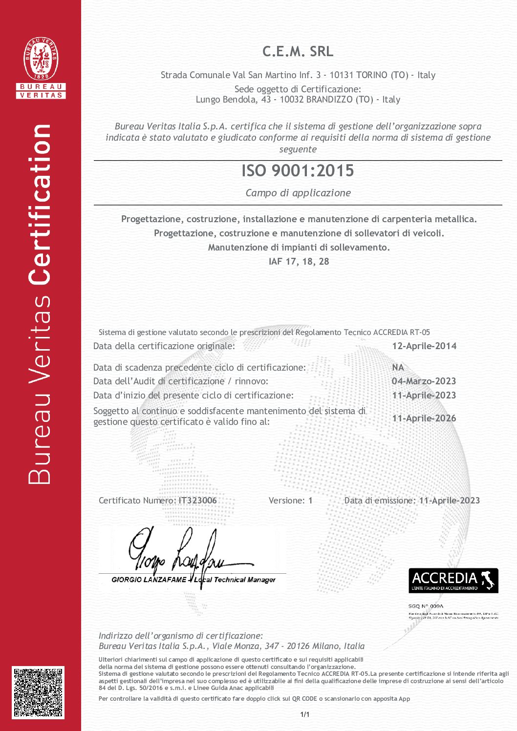 Certificate IT323006 – C.E.M. SRL – ISO9001 REV1 ITA